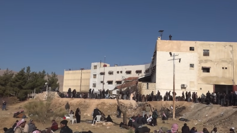 Outside Sydnaya prison, nicknamed the “human slaughterhouse”, Screenshot from video uploaded to YouTube by Al Jazeera Arabic.